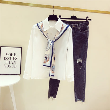 White shirt women's design sense niche 2022 early autumn new French chic high-quality streamer chiffon top trend