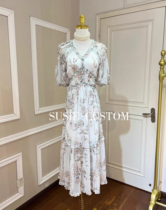 Customized Small Fresh Flower Print V-Neck Puff Sleeves, Wood Ears, Waist-Tie, A-Line Large Swing Long Skirt Dress