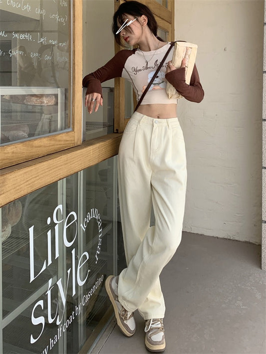 Hong Kong-flavored white jeans women's autumn 2022 new Korean version of the straight-leg pants high-waisted thin loose wide-leg pants trendy