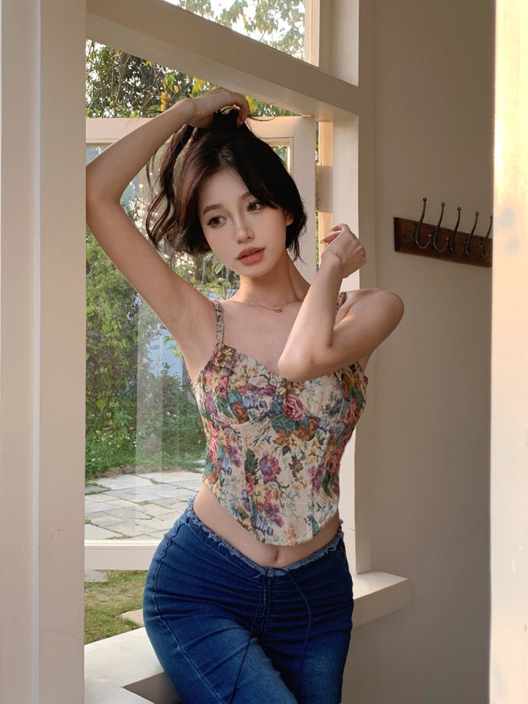 Sweet babes floral camisole female summer pure desire French sexy sleeveless inner strapless short top outerwear