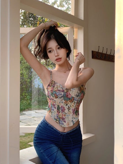 Sweet babes floral camisole female summer pure desire French sexy sleeveless inner strapless short top outerwear