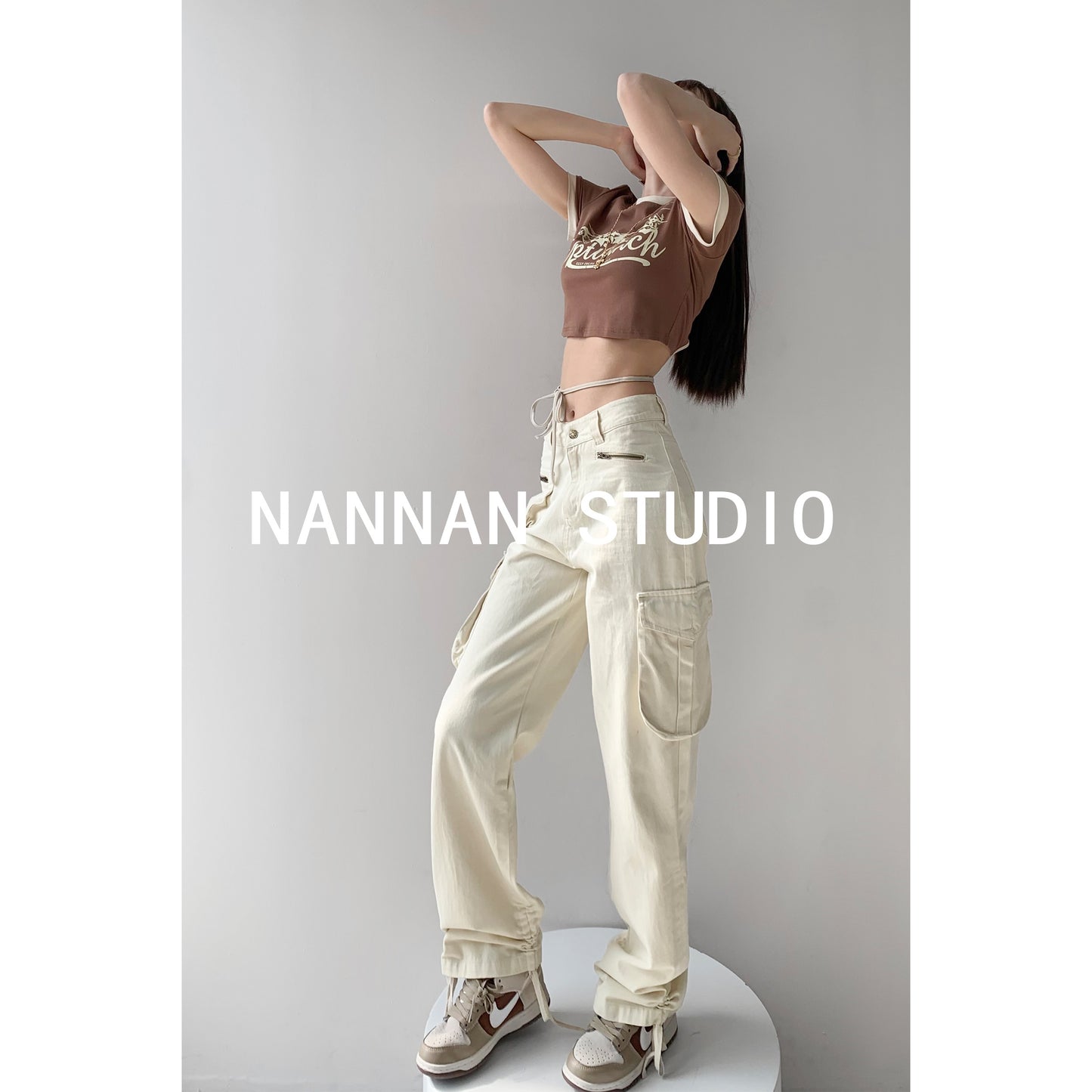 American style functional style multi-pocket high-waisted sports pants women's spring and autumn loose straight shirring foot mopping overalls trendy