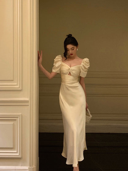 French Square Neck Puff Sleeve Dress Women 2023 Summer New Gentle Wind Retro Temperament Waist Satin Long Dress