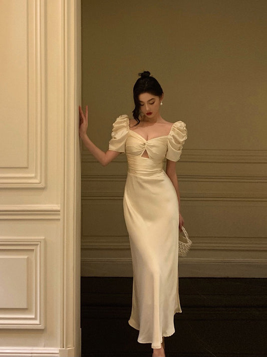 French Square Neck Puff Sleeve Dress Women 2023 Summer New Gentle Wind Retro Temperament Waist Satin Long Dress