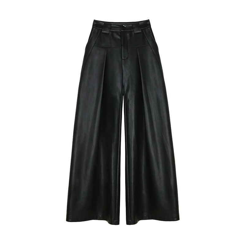 FBB limit optimized head and body than fashionable leather pants women look thinner split line live pleat design wide-leg pants versatile