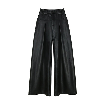 FBB limit optimized head and body than fashionable leather pants women look thinner split line live pleat design wide-leg pants versatile