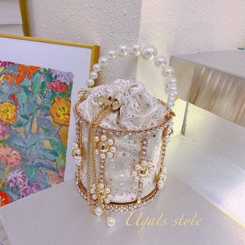 UGALS French retro starry bucket bag handmade diamond beaded pearl bag basket Messenger bag female