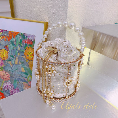 UGALS French retro starry bucket bag handmade diamond beaded pearl bag basket Messenger bag female