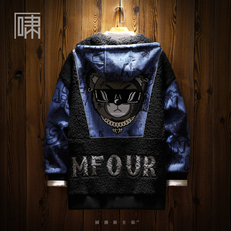 Guochao hip-hop bear mid-length hooded cotton jacket Men's niche lambswool stitching thickened cotton jacket
