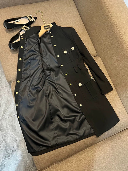 2022 classic black and white turtleneck slim rivet lion head button long-sleeved all-match dress coat D6981
