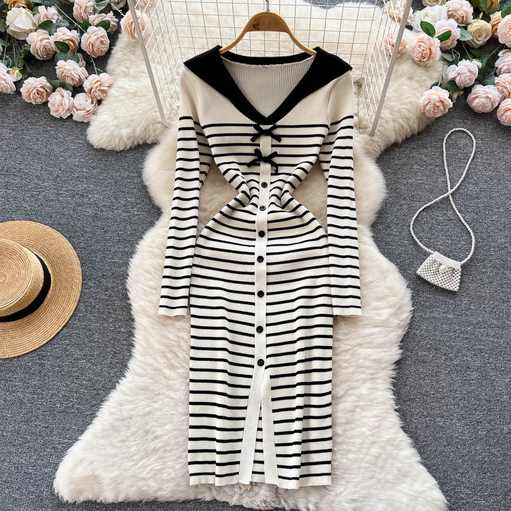 Autumn and winter new women's fashionable temperament bowknot striped knitted dress French high-quality slim wrap hip dress