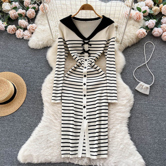 Autumn and winter new women's fashionable temperament bowknot striped knitted dress French high-quality slim wrap hip dress