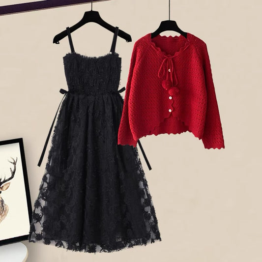 Autumn New Year red knitted sweater mesh skirt dress suit 2022 new women's two-piece Western style