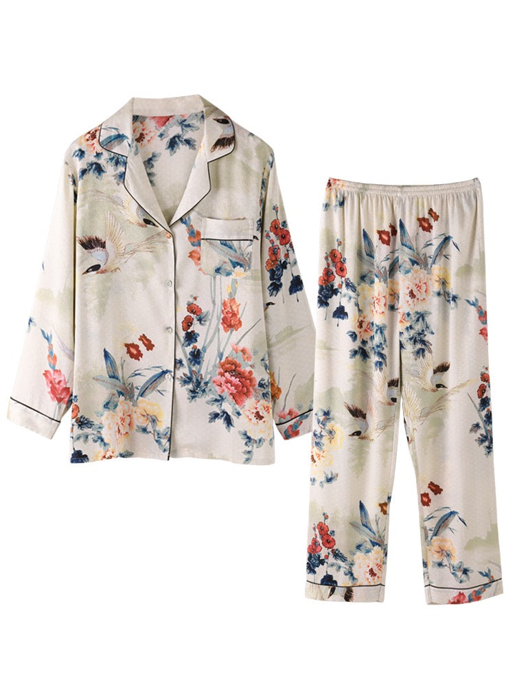 IIZZINI original women's pajamas spring and autumn long-sleeved ice silk national style ink printing luxury silk home service suit