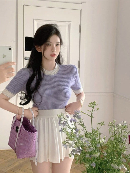 French temperament small fragrance knitted short-sleeved T-shirt women's summer 2023 new small slim short top ins