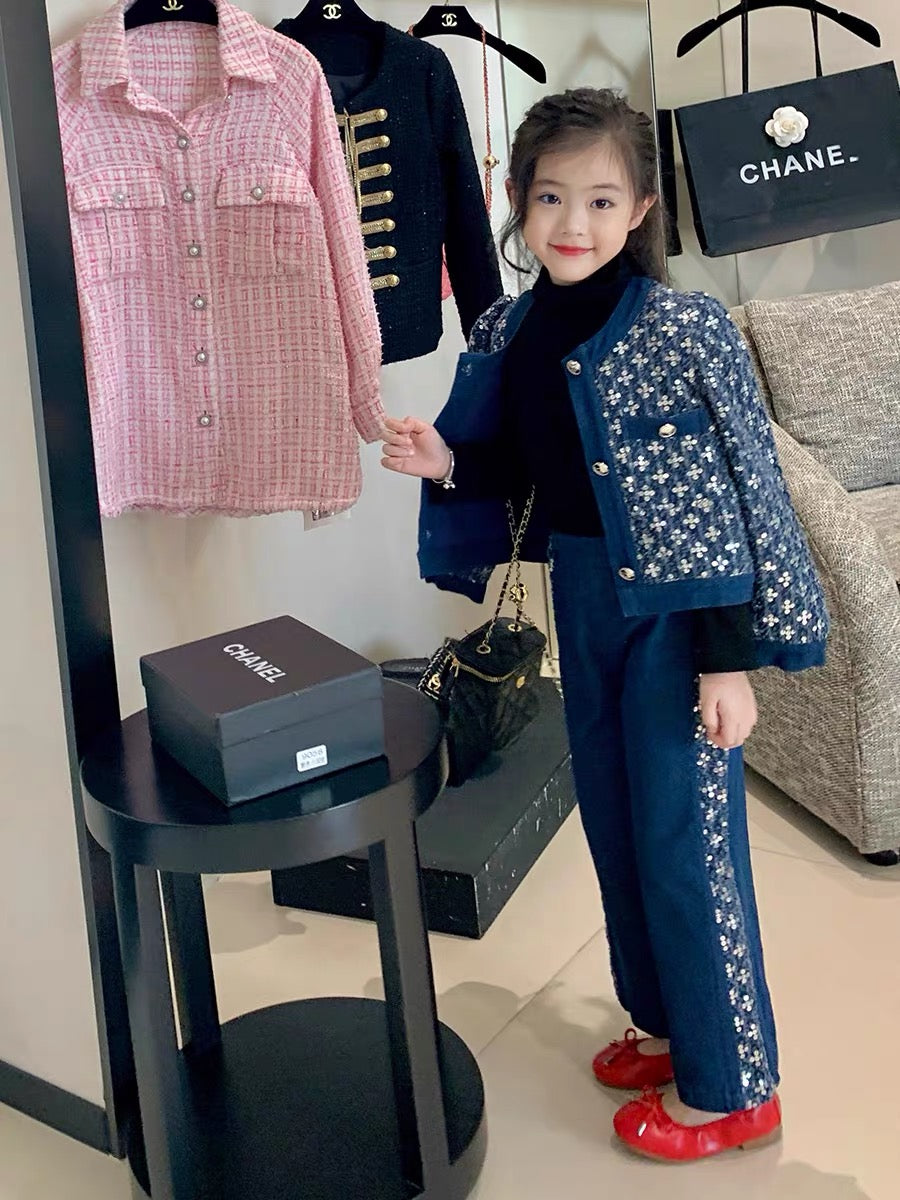 Original Girls Children's Clothing Autumn Small Fragrance Fashionable Suit Children's Baby Autumn Clothing Denim Sequin Jacket Wide Leg Pants
