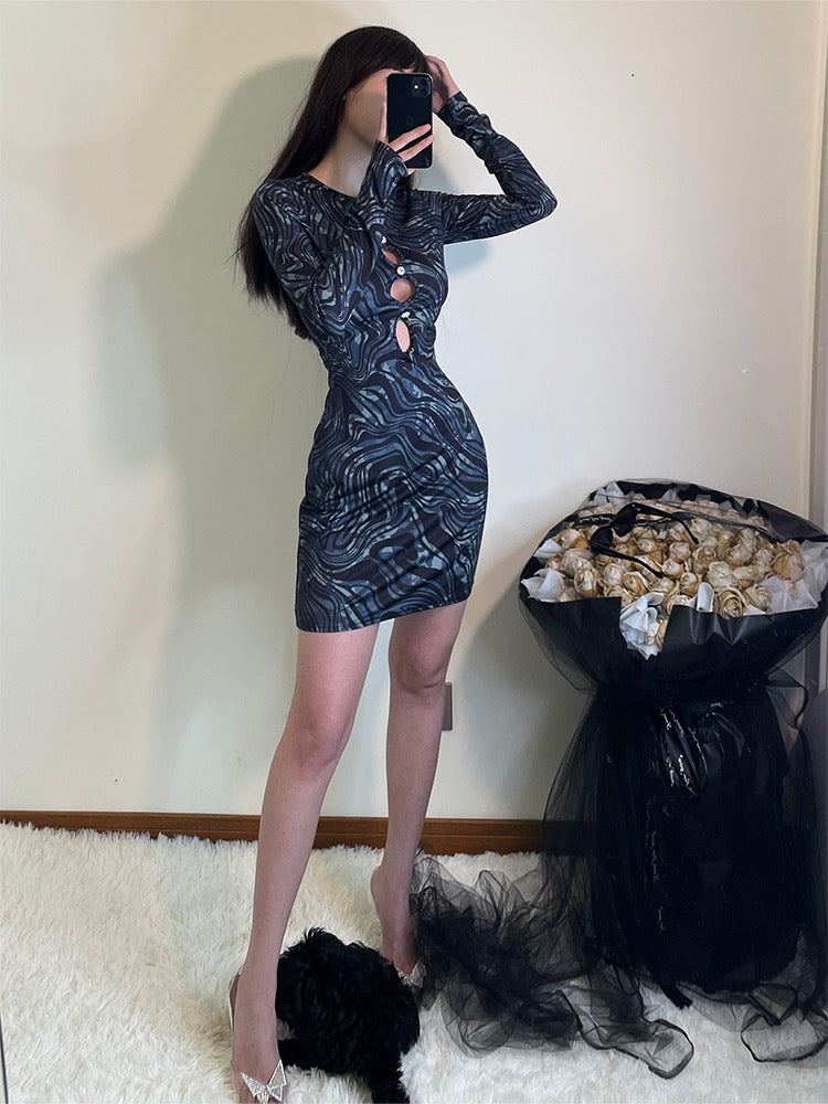 Uli Do Sexy Printed Hollow Long-sleeved Dress Spring Design Slim Water Ripple Round Neck Package Hip Skirt