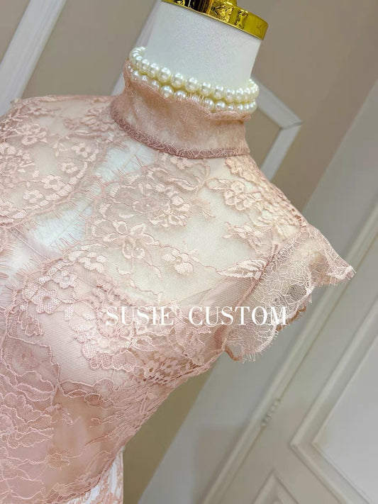 High customization showing temperament eyelashes lace lace stitching cotton print waist A-line long skirt dress