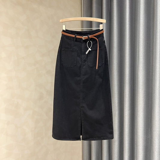 Dark washed denim skirt women's autumn new solid color all-match front slit high waist a-line bag hip long skirt