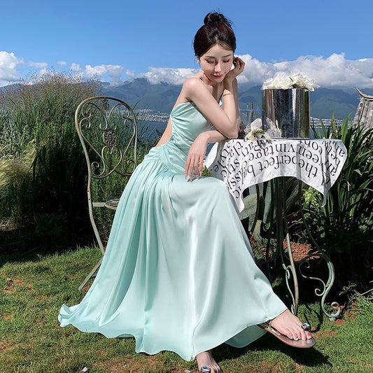 Sanya vacation seaside beach dress female summer 2023 new sexy backless satin fairy sling dress