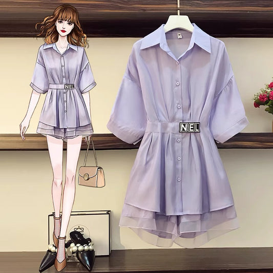 Large size women's clothing 2021 summer new age-reducing Western-style belly-covering dress fat sister is thin chiffon two-piece suit