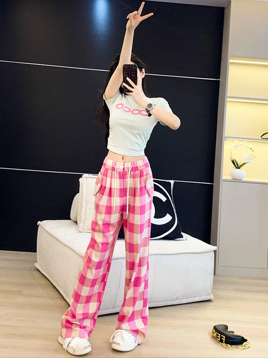Internet celebrity fried street casual sports suit women's summer dress fashion short top design plaid wide-leg pants two-piece set