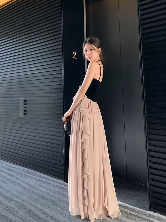 Middletone | Go to Paris at night gao set black label velvet stitching silk elegant suspender dress