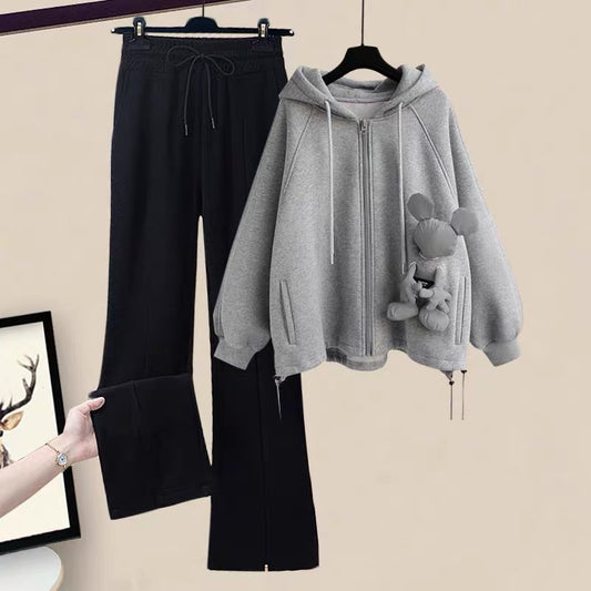 Autumn wide-leg pants spring and autumn can be salty and sweet hooded lazy wind sweater fashion suit female winter small two-piece suit