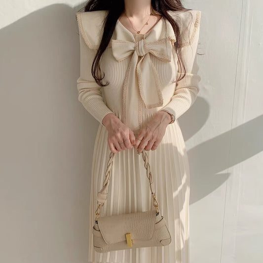 Korean chic autumn French lace lace bow bow stitching waist thin knitted pleated dress