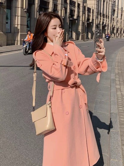 Pink woolen coat women's winter mid-length 2022 new small high-end fashion woolen coat