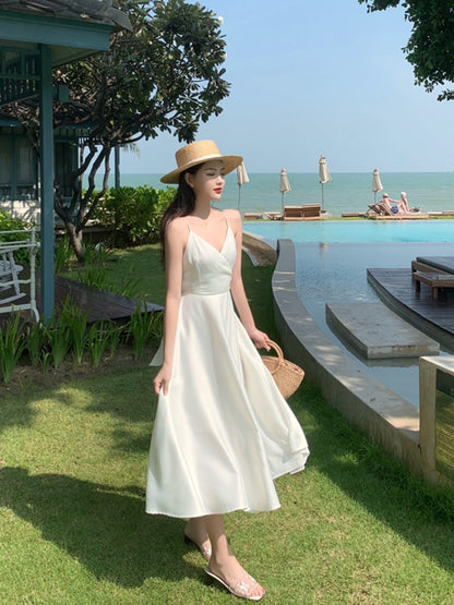 French retro satin sexy super fairy white sling dress seaside holiday style backless beach long skirt female summer