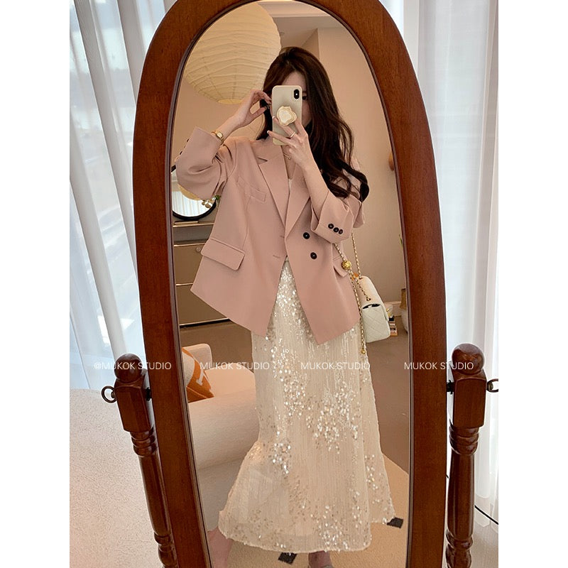 MUKOK Morandi Rose ~ design sense solid color exquisite spring and autumn new temperament long-sleeved suit jacket for women