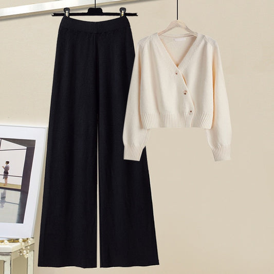 Age-reducing long-sleeved knitted sweater and woolen casual pants two-piece set