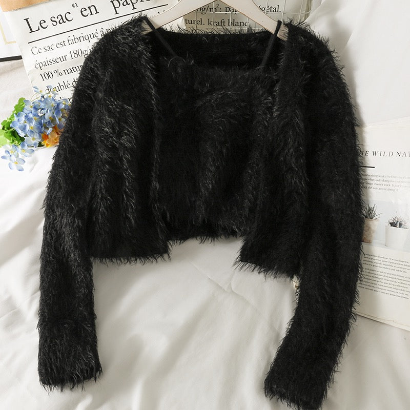 Suit women's new plush velvet loose and thin buttonless cardigan long-sleeved sweater jacket with short camisole