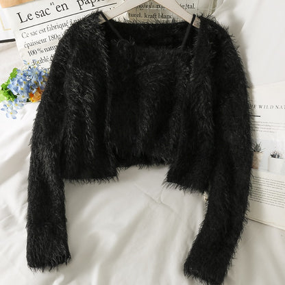 Suit women's new plush velvet loose and thin buttonless cardigan long-sleeved sweater jacket with short camisole