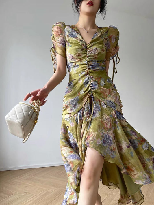 Aconiconi｜Senri Yamano French print high-end niche design fishtail drawstring midi dress