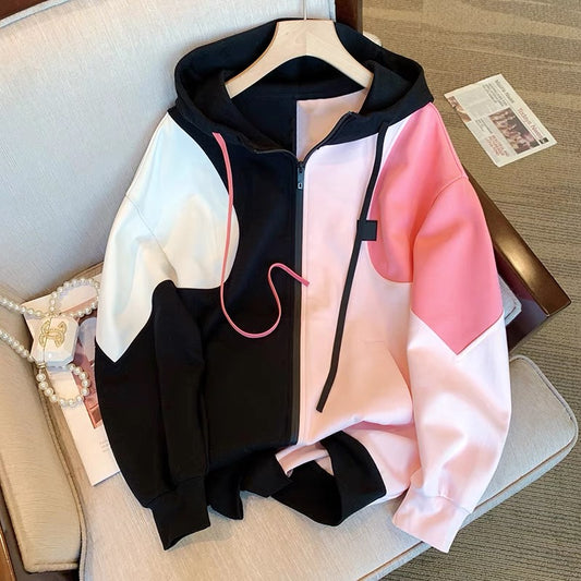 Sweet and cool style stitching contrast color hooded sweater jacket women's early autumn 2022 new niche loose fried street zipper cardigan