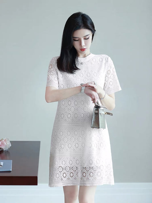 Gentle wind temperament skirt female summer 2022 new ladies fashion white lace hollow basic dress