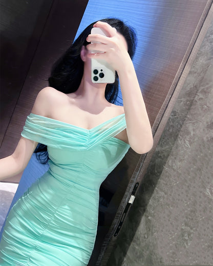 Spring and summer green one-shoulder skirt women's fit tight waist dress