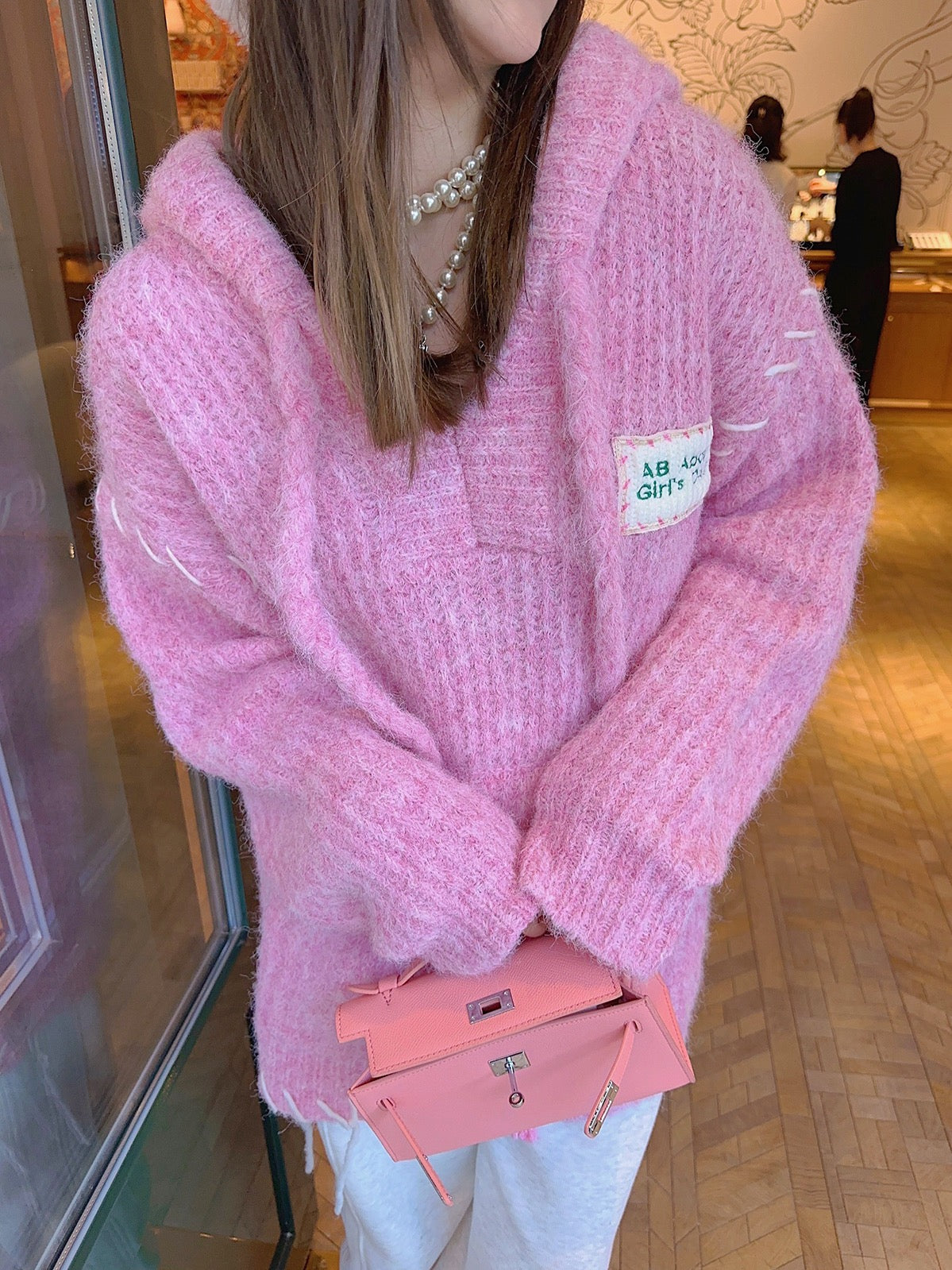 Thebestxue Korean version of fashionable design sense pink hooded drawstring pullover sweater women 2022 autumn and winter new trend