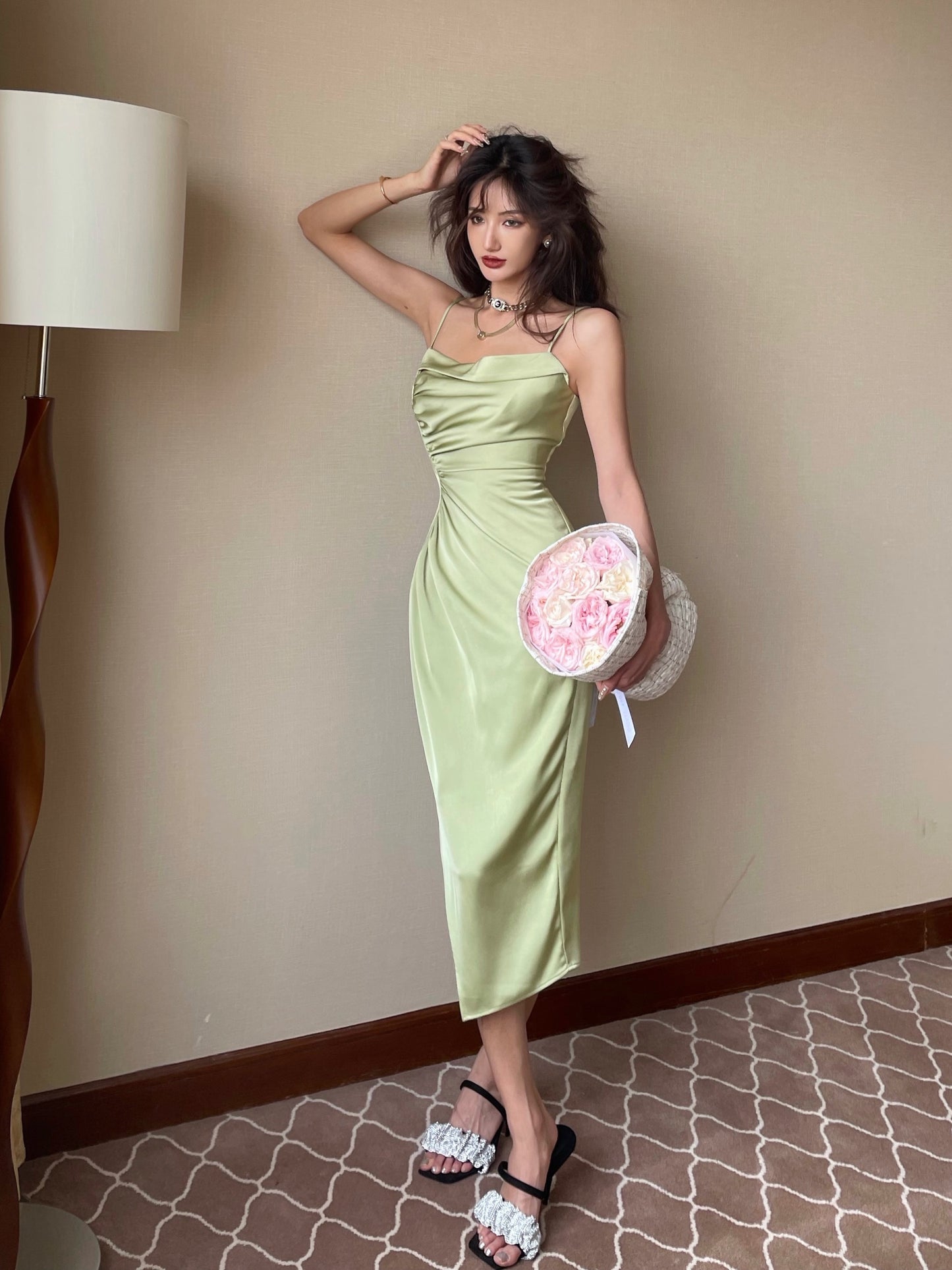 HBE Shuige Jiaohan Beauty Pure Desire Green Acetate Satin Waist Slimming Wrinkled Tube Top Suspender Dress