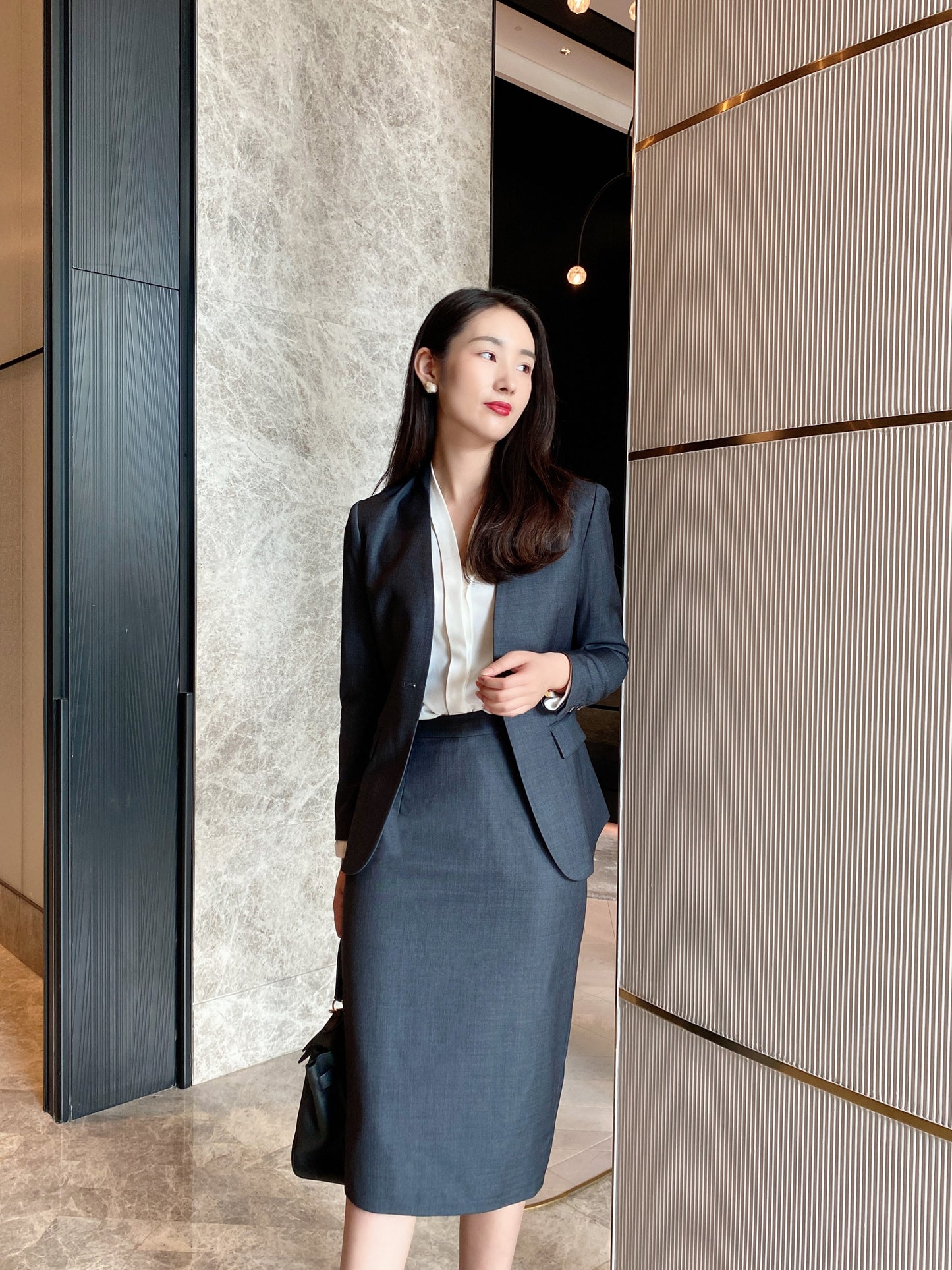 Autumn high-grade wool gray one-button suit jacket fashion commuter bag hip one-step skirt slim fit suit