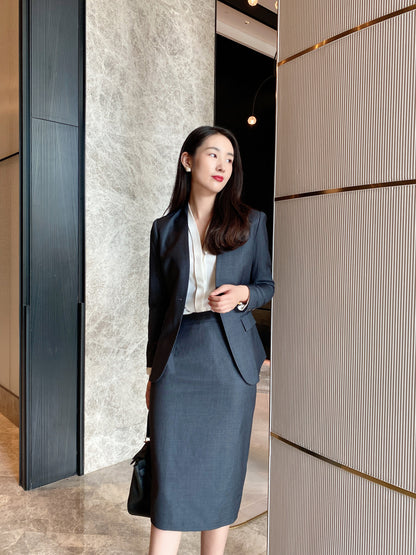 Autumn high-grade wool gray one-button suit jacket fashion commuter bag hip one-step skirt slim fit suit