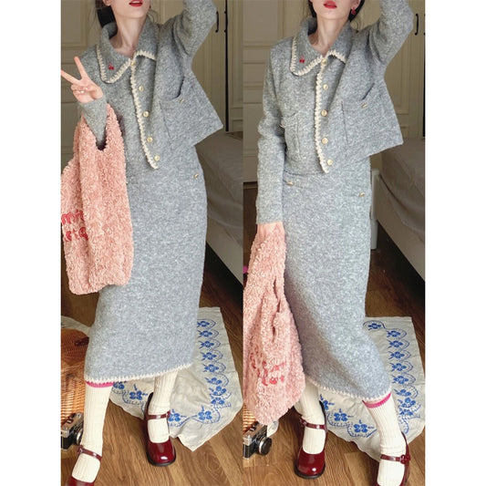 Sweet and spicy temperament knitted suit women's autumn and winter short sweater coat small slim body bag hip skirt two-piece set