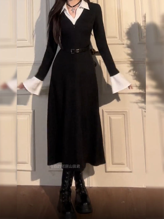 Fashion temperament design fake two-piece knitted black long-sleeved waist pleated A-line dress female early spring 2023