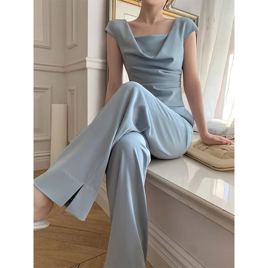 MONA original summer temperament commuter casual windy collar satin shirt trousers suit women