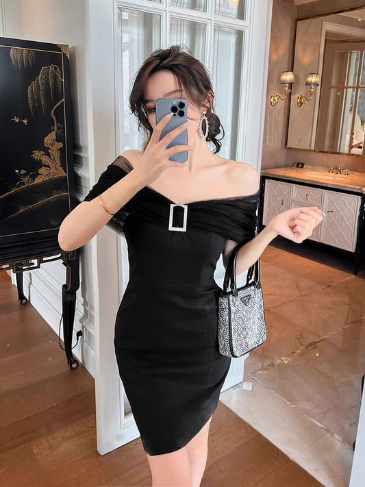 European station high cold mesh black dress female 2022 summer new slim bag hip skirt royal sister light familiar style