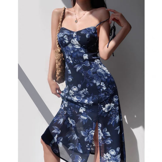 French retro holiday style splashed ink blue print dress women's shoulder straps sexy wrap chest slim slim dress