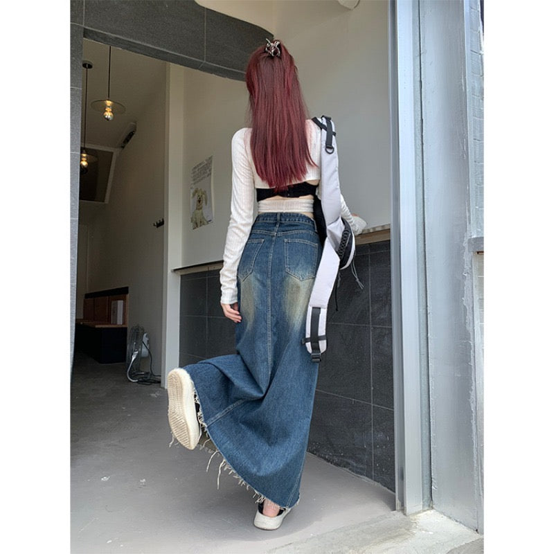 Korean version of high waist retro denim skirt women's spring a-line umbrella skirt straight skirt design sense mid-length skirt