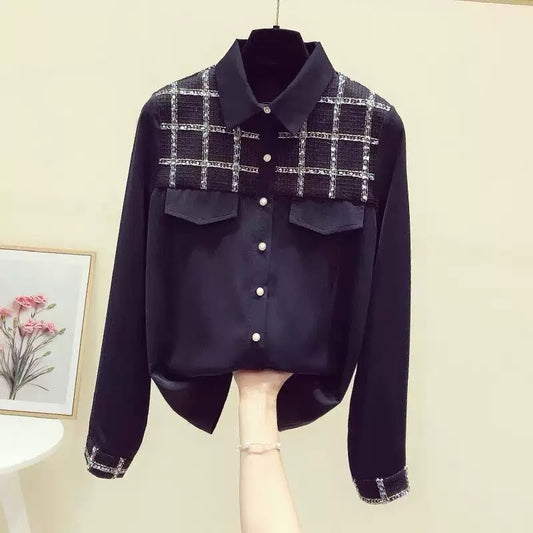 Women's clothing cutting label counter withdrawal foreign trade spring and autumn foreign style small fragrance heavy industry white chiffon shirt women
